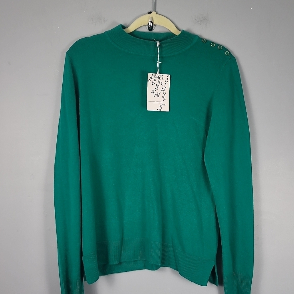 Carolyn Taylor Chic Pablo Pepper Green Button Mock Neck Sweater NEW